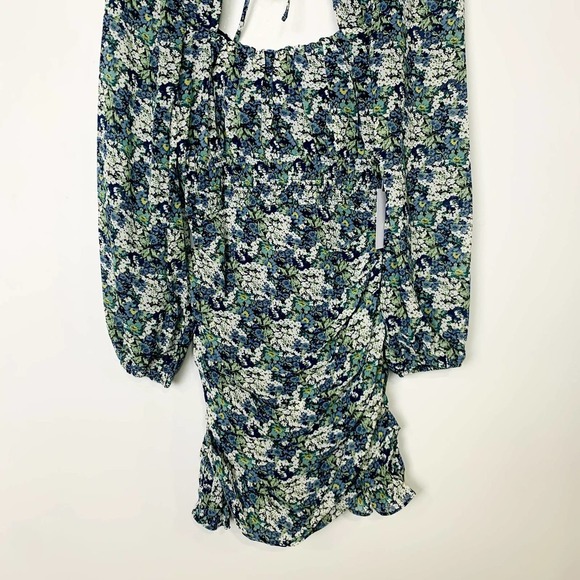 ASTR The Label NWOT Smocked Waist Ruched Dress Blue Green Floral Size Medium - Picture 7 of 9